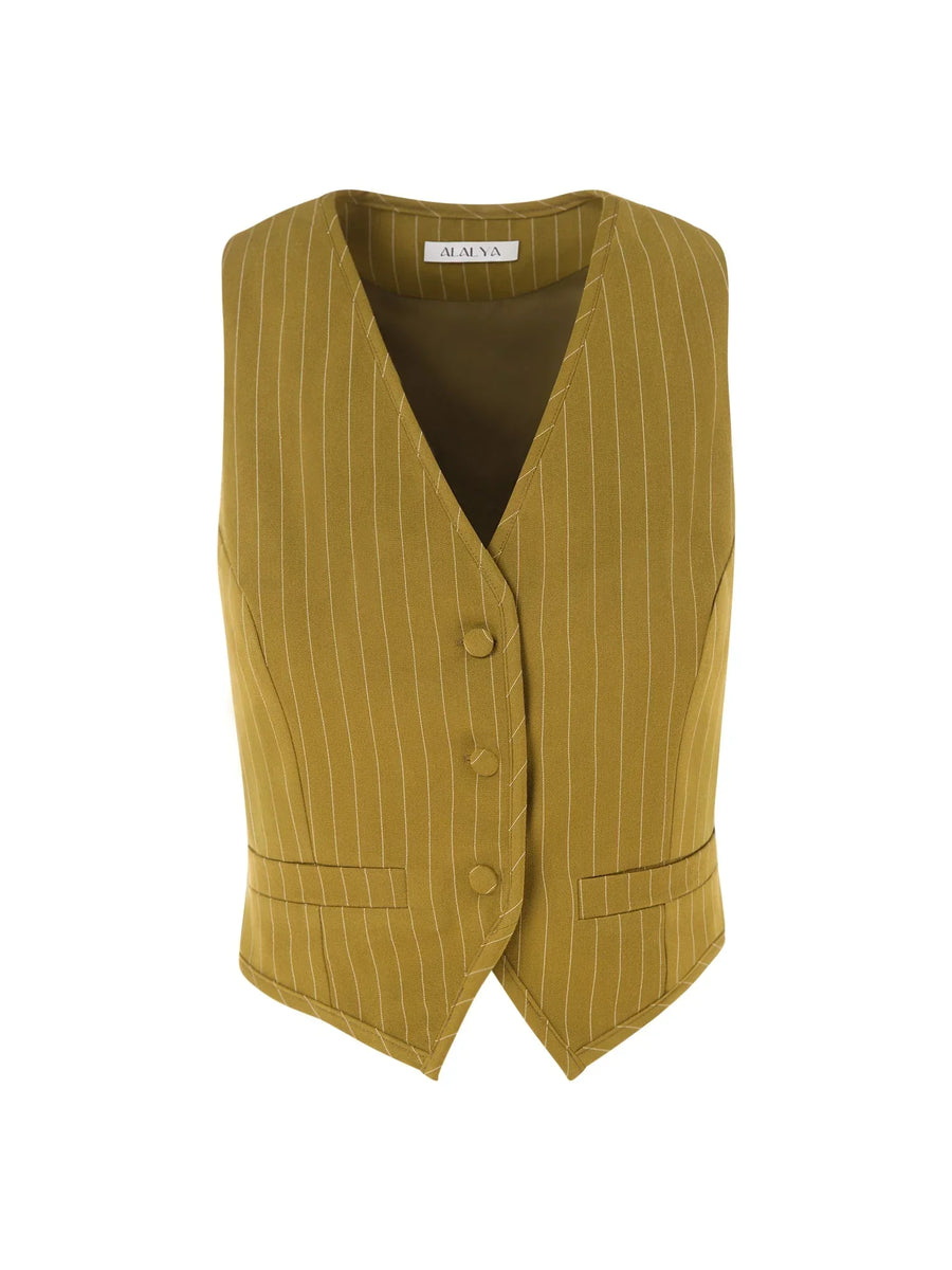 ALALYA Verde Linea™ structured olive green vest for women – tailored waistcoat front view – UAE
