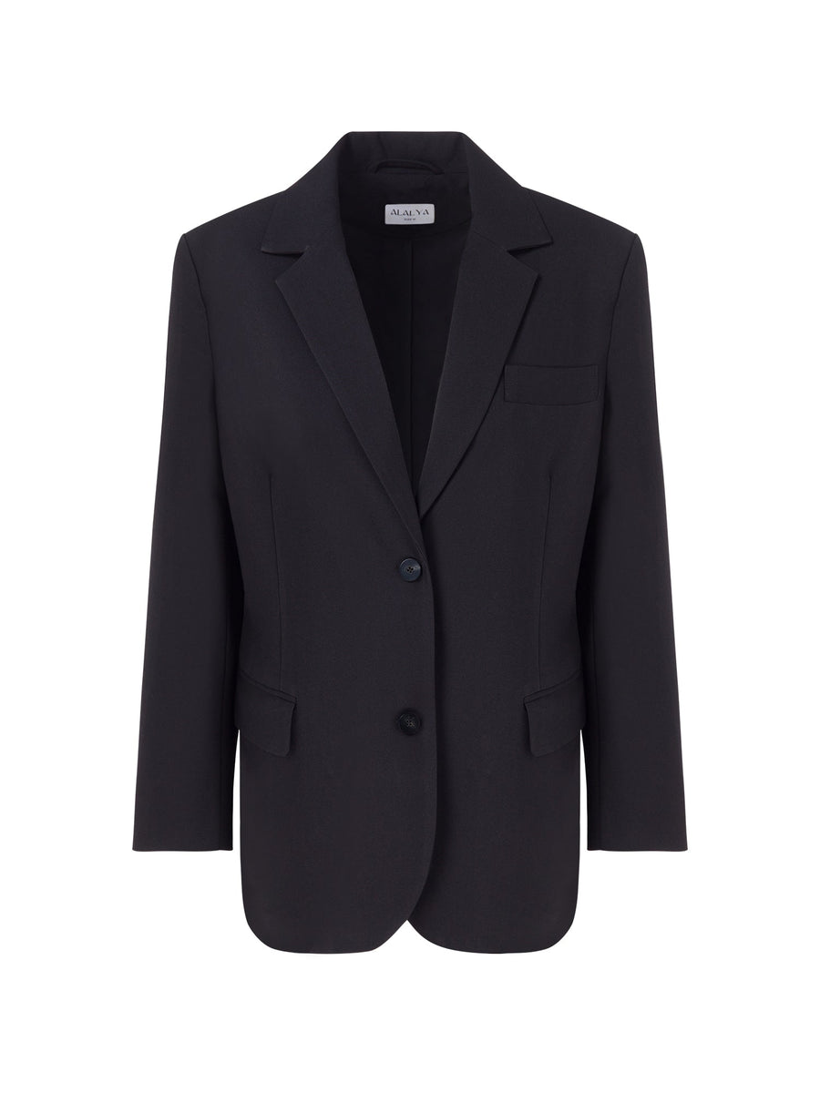 Grandeur Noir black oversized padded-shoulder blazer front view – ALALYA Dubai