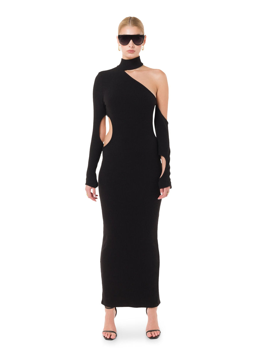 Luxury black sculpted bodycon dress with cut-out design – ALALYA UAE