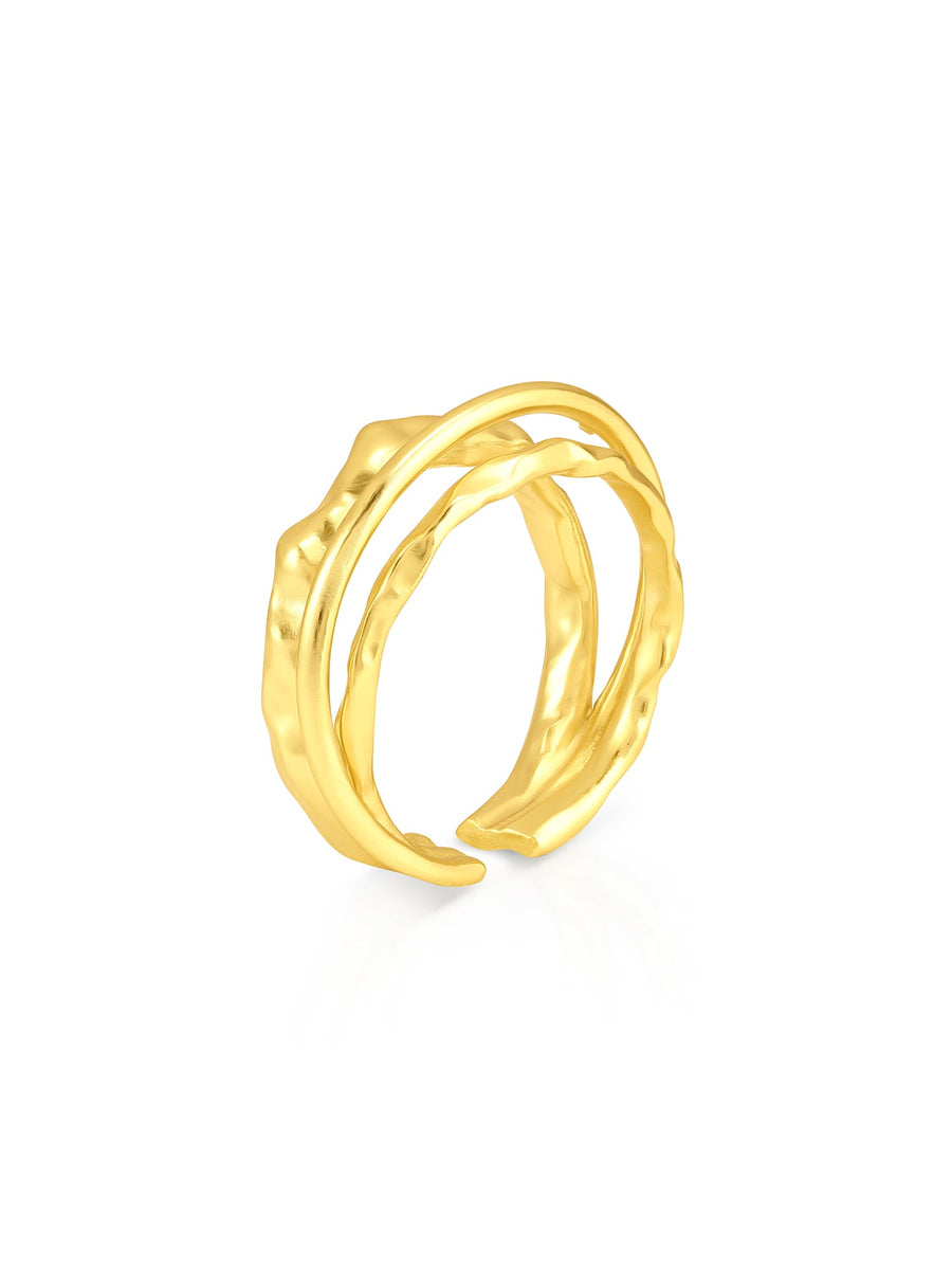 Side profile of ALALYA textured triple-band gold-plated ring – modern statement jewelry Dubai

