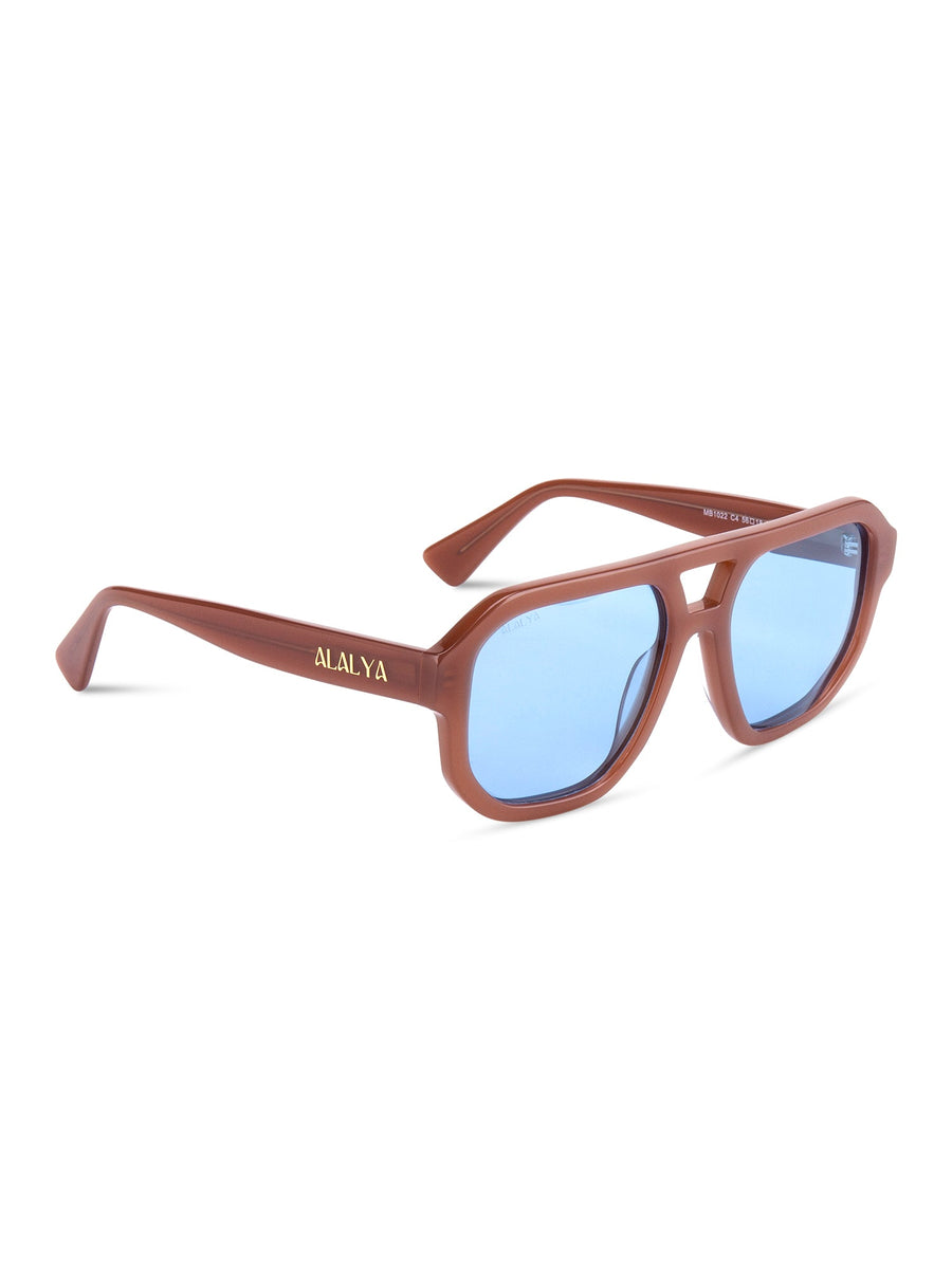 Side view of brown acetate ALALYA sunglasses with blue lenses – elegant eyewear