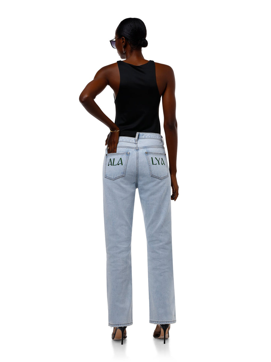 Structured back view of Marina™ straight-leg blue jeans for women – ALALYA