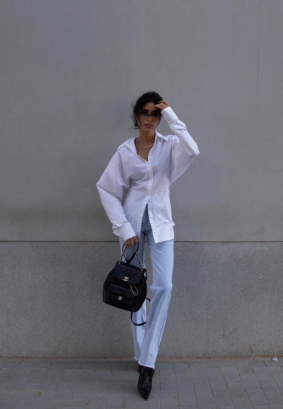 ALALYA Marina™ jeans styled with oversized white shirt – city chic UAE style