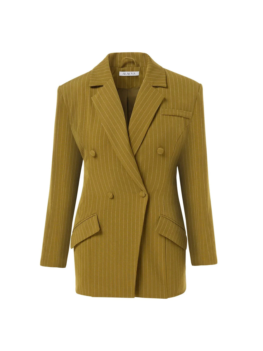 ALALYA Verde Linea™ tailored olive green 3-piece women's suit set – Blazer Detail – UAE