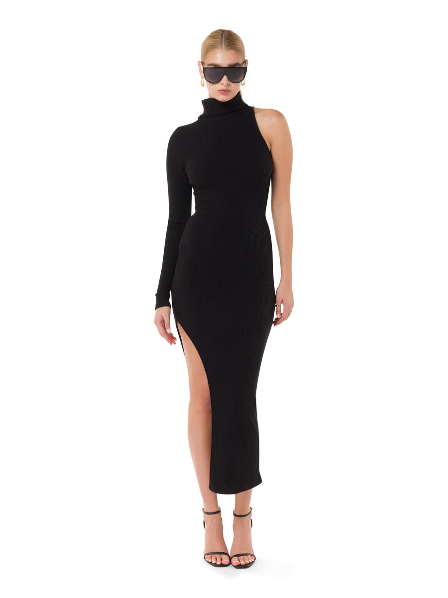 Carla™ black high-slit bodycon turtleneck dress – front view – ALALYA UAE