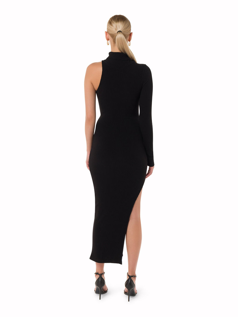 Back view of Carla™ sculpted turtleneck dress in black – evening fashion UAE