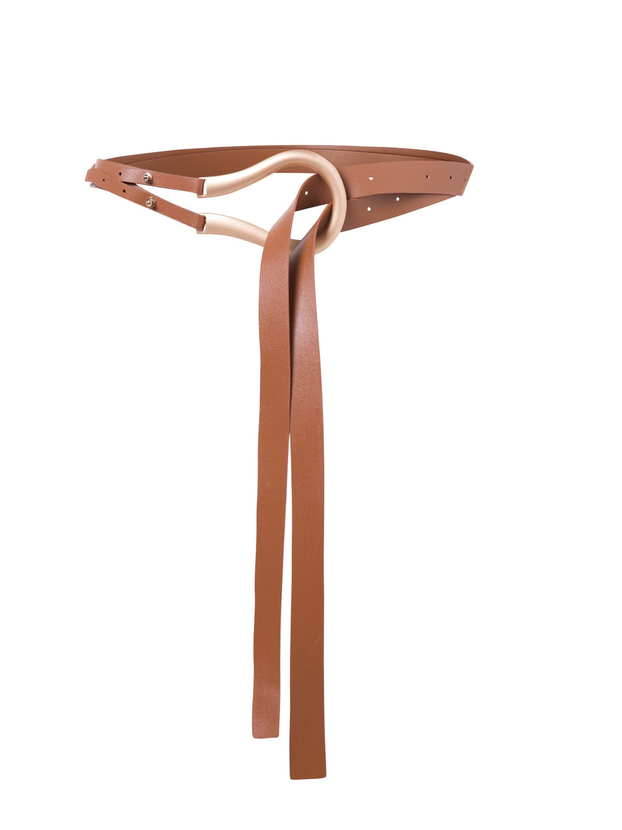 ALALYA Équestre tobacco brown vegan leather belt – front view with gold horseshoe buckle

