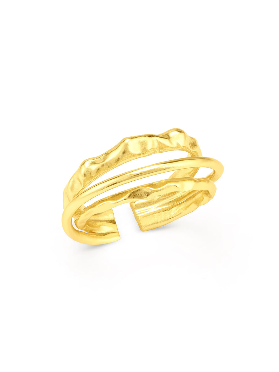 Close-up front view of ALALYA 18ct gold-plated adjustable ring with organic sculptural texture – GCC