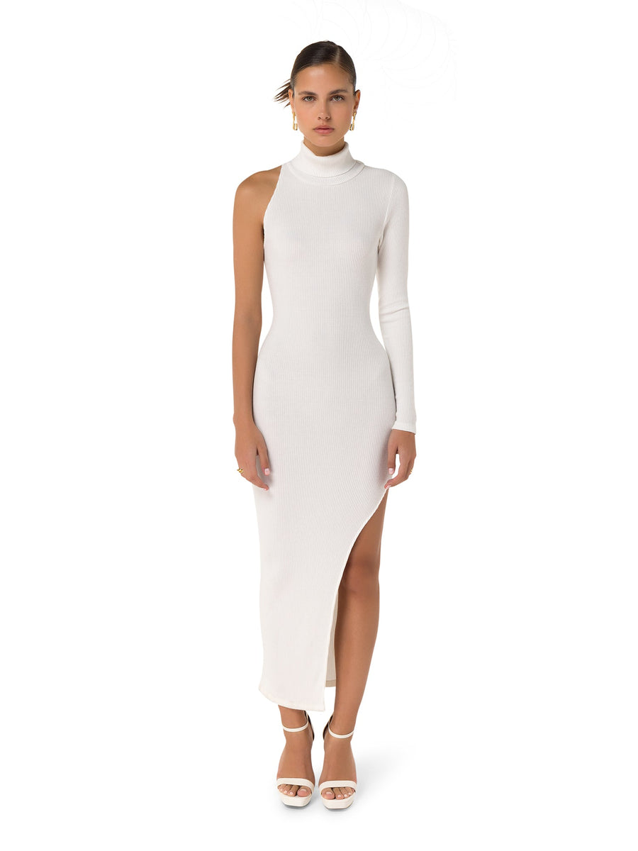 Kelly™ white high-slit bodycon dress – front view with sculpted silhouette – ALALYA UAE