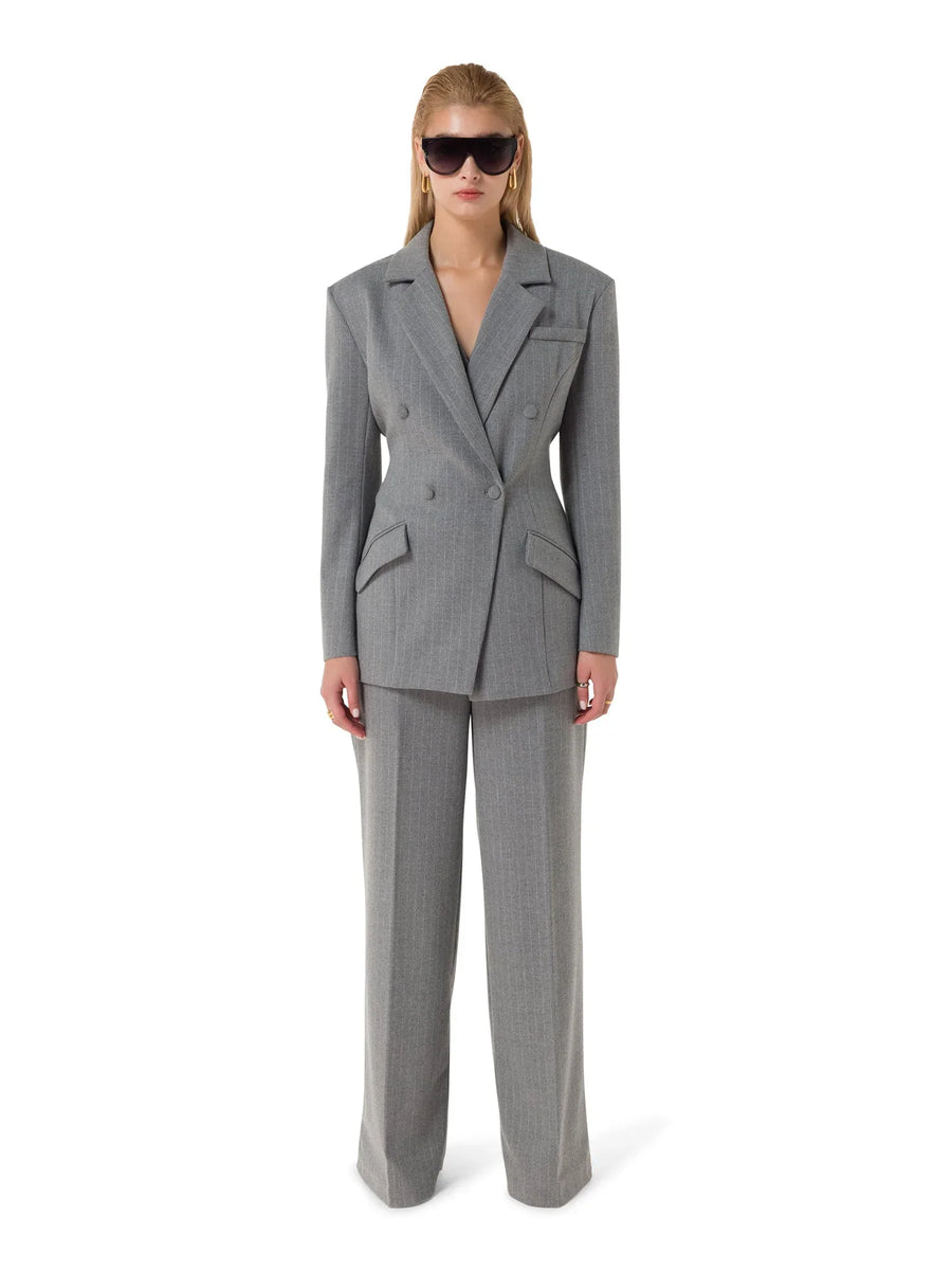 Maison Grise™ full soft grey 3-piece tailored suit – front view with double-breasted blazer and wide-leg trousers – ALALYA UAE
