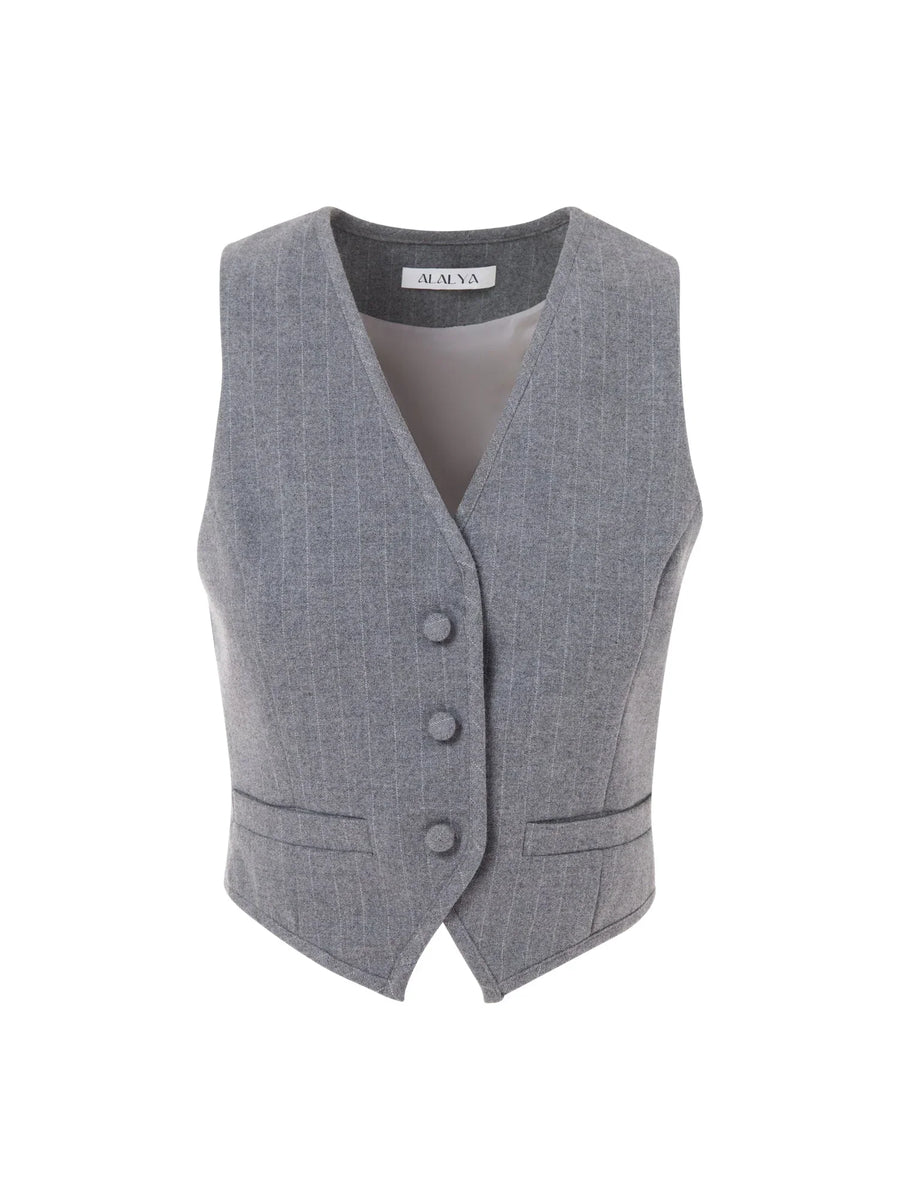 Maison Grise™ matching vest in soft grey – front view emphasizing deep V-cut and button detailing
