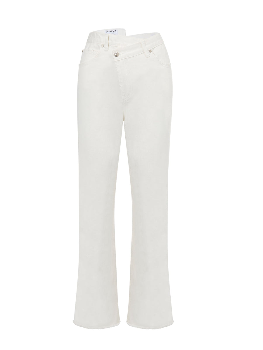 Lina™ | Mid-Rise White Criss-Cross Straight-Leg Jeans