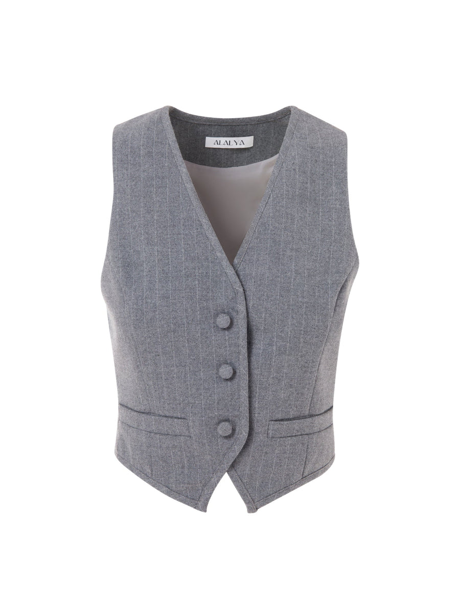 Parisian Charm Grey Striped Suit Vest - ALALYA