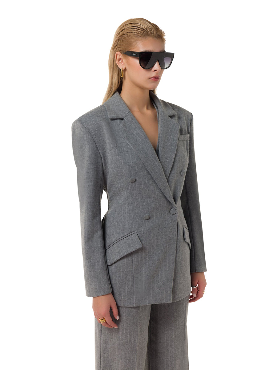 'Parisian Chic' Double - Breasted Grey Blazer - ALALYA