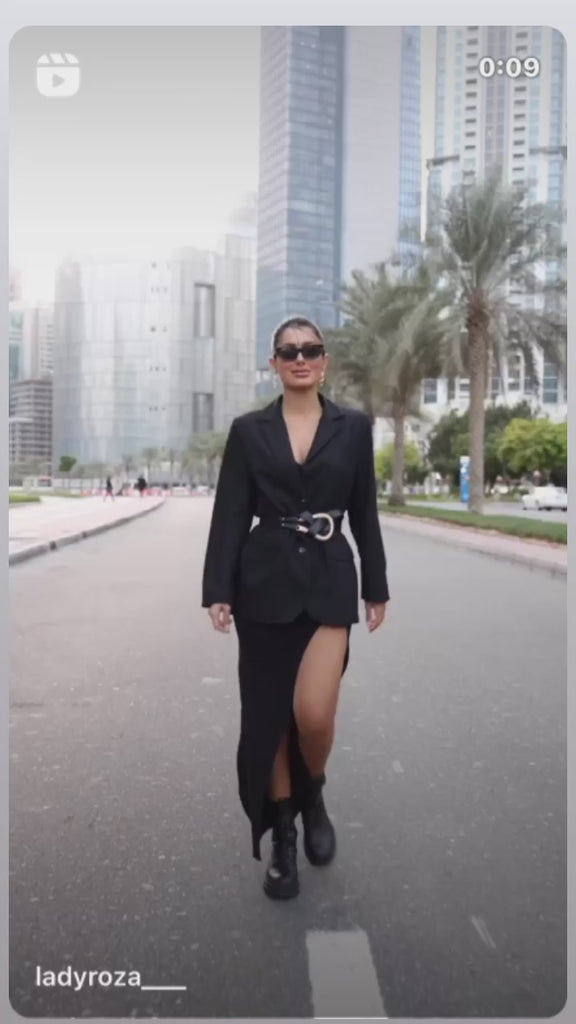 Editorial shot showing movement in slit skirt – ALALYA GCC capsule