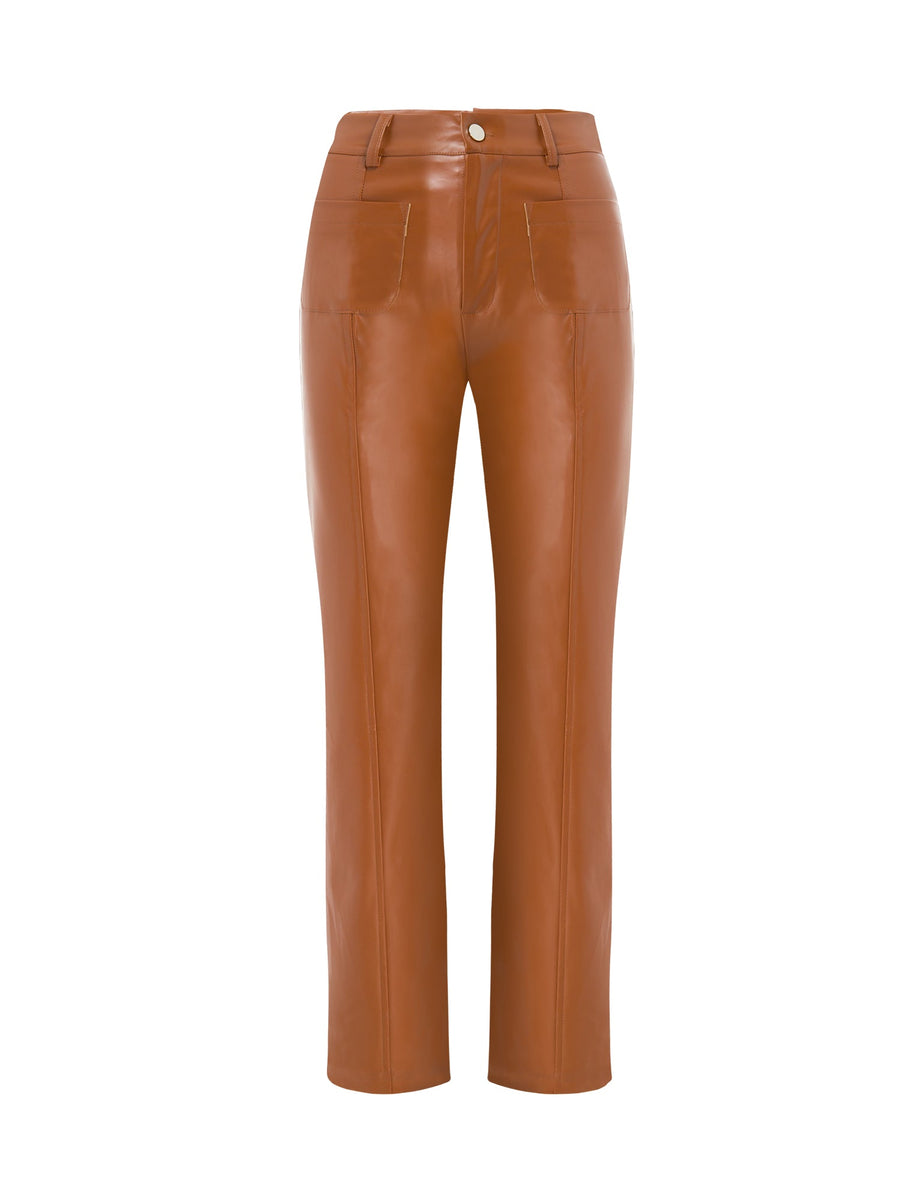 Vague Chic High - Waisted Tobacco Brown Vegan Leather Trousers - ALALYA