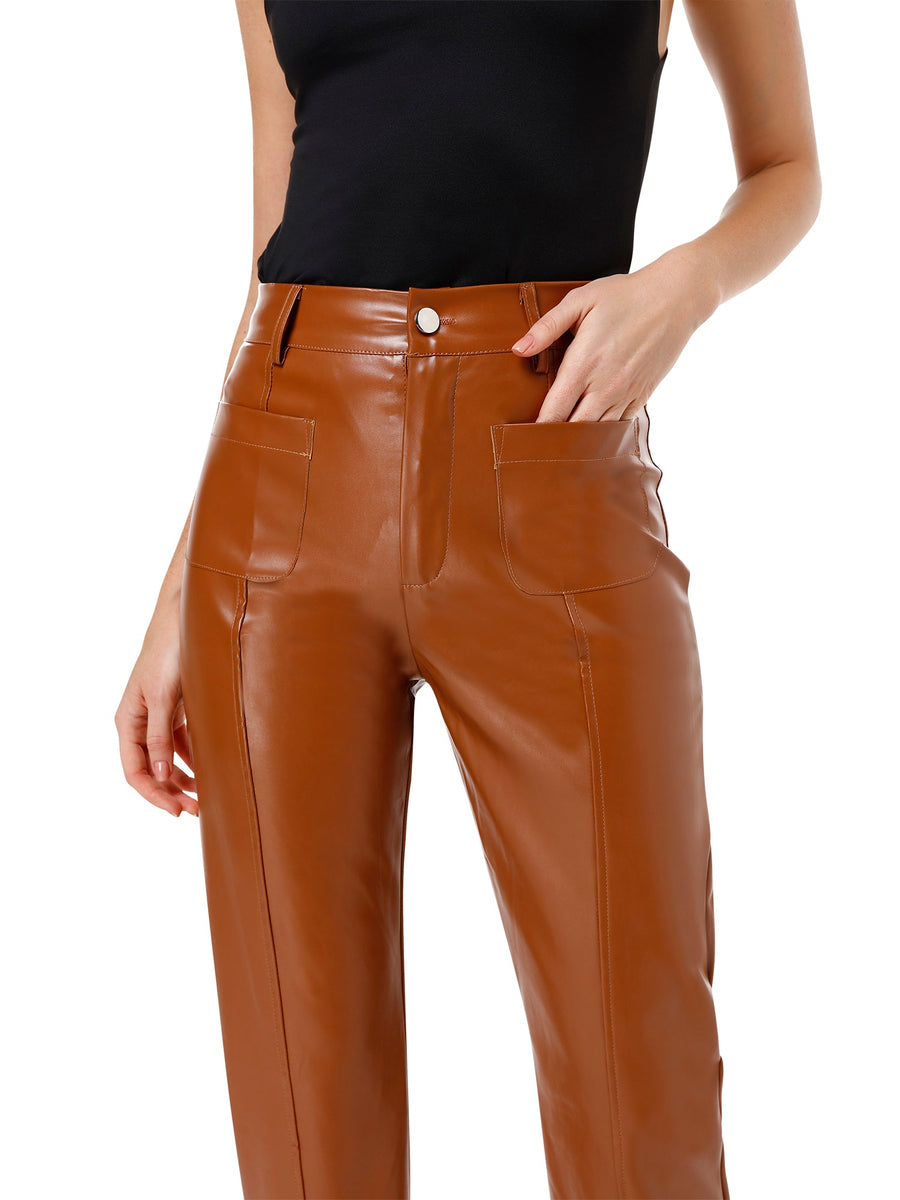 Vague Chic High - Waisted Tobacco Brown Vegan Leather Trousers - ALALYA