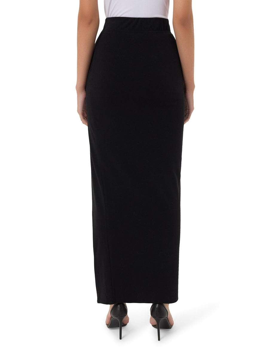 Elegant high-waist black slit maxi skirt back view – ALALYA UAE
