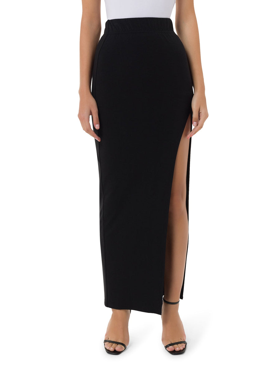 Elegant high-waist black slit maxi skirt front view – ALALYA UAE
