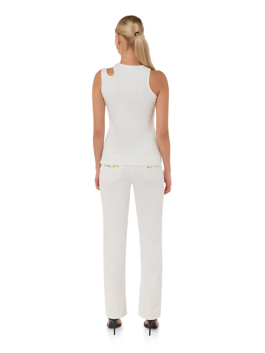 Elegant back view of white sculpted jeans for women – ALALYA Dubai