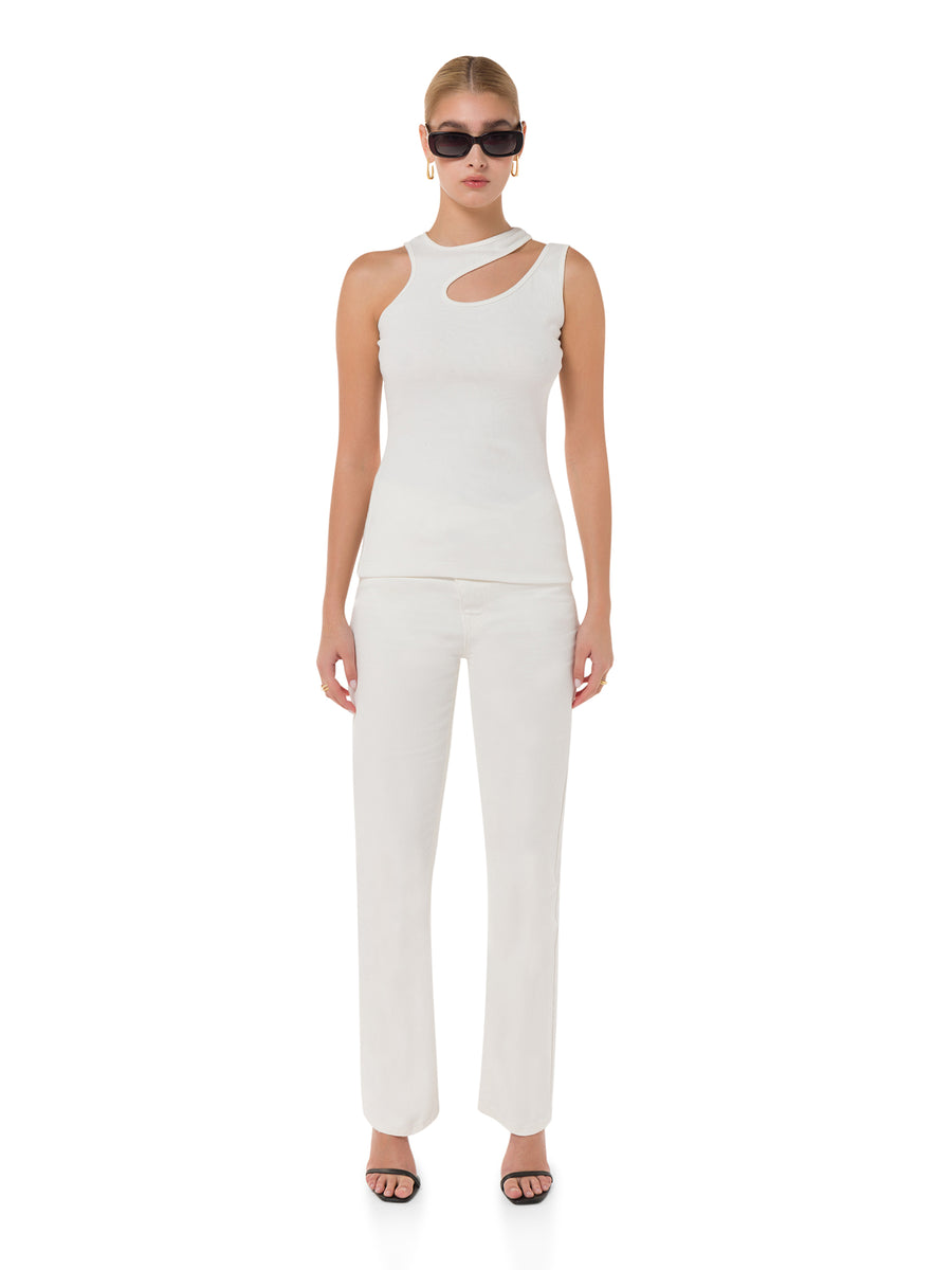Mid-rise white straight-leg jeans with criss-cross waistband – ALALYA UAE